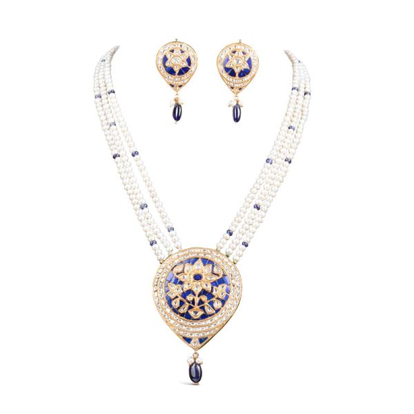 Noor Blue Pearl Long Necklace + Earring Polki Set A