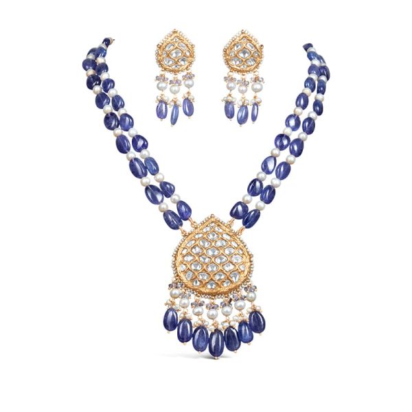Noor Blue Long Necklace + Earring Polki Set B
