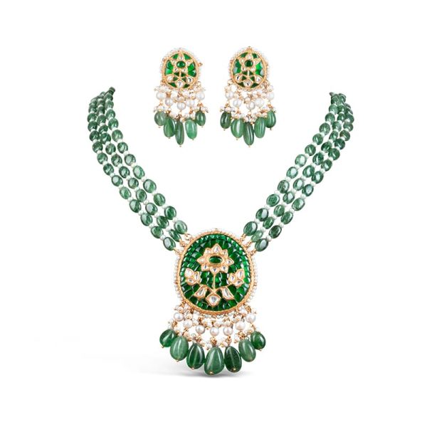 Noor Green Long Necklace + Earring Polki Set B
