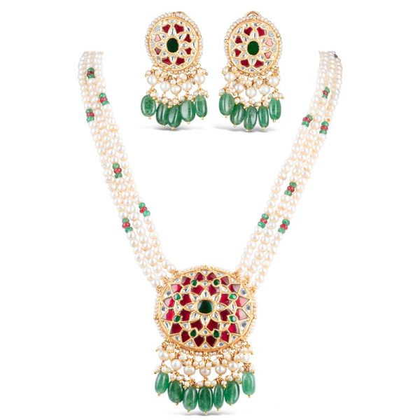Noor Green Long Pearl Necklace + Earring Polki Set E