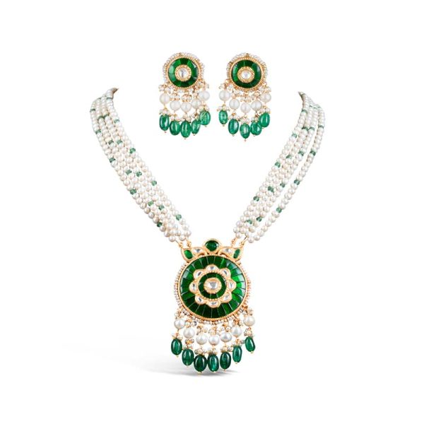 Noor Green Long Pearl Necklace + Earring Polki Set A