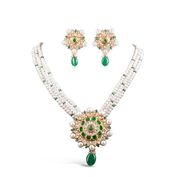Noor Green Long Pearl Necklace + Earring Polki Set C