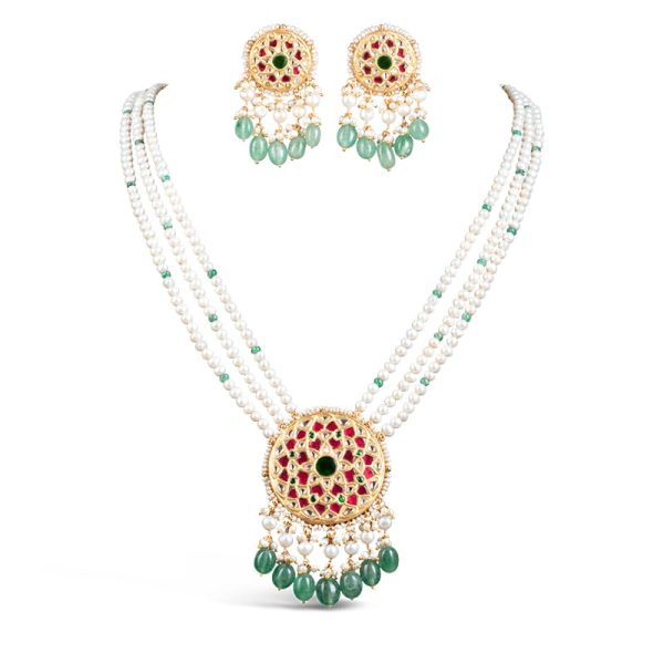 Noor Green Long Pearl Necklace + Earring Polki Set D