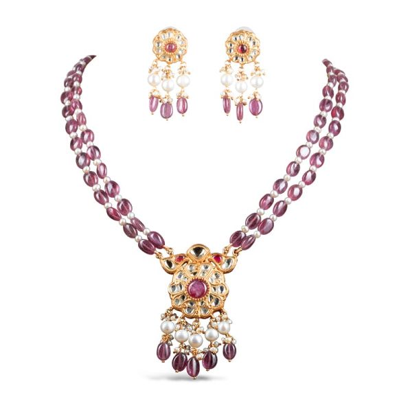 Noor Red Long Necklace + Earring Polki Set D