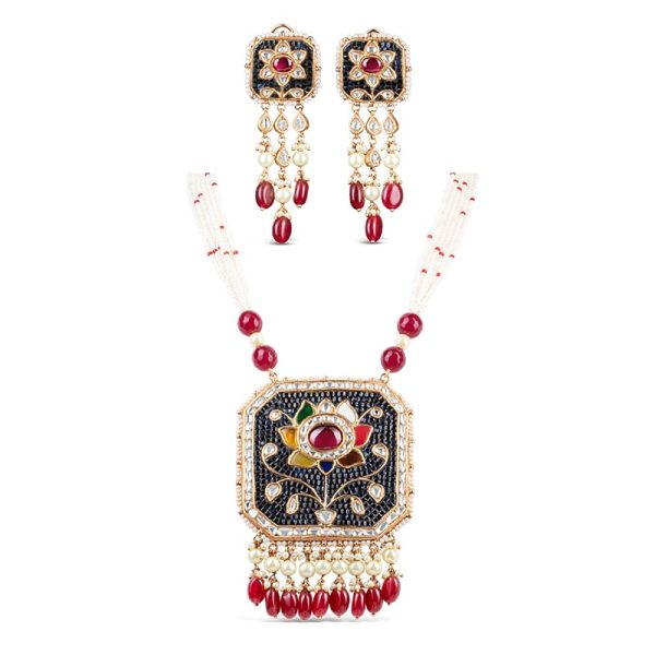Noor Red Long Pearl Necklace + Earring Polki Set G