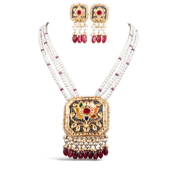 Noor Red Long Pearl Necklace + Earring Polki Set A