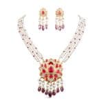 Noor Red Long Pearl Necklace + Earring Polki Set B