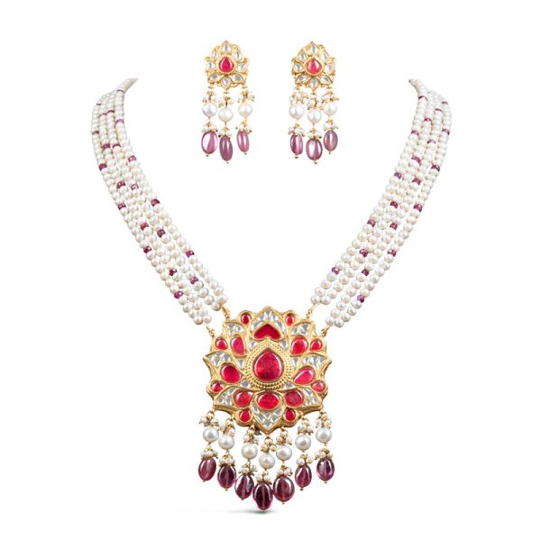 Noor Red Long Pearl Necklace + Earring Polki Set B