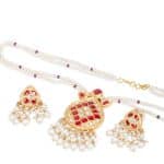 Noor Red Long Pearl Necklace + Earring Polki Set C