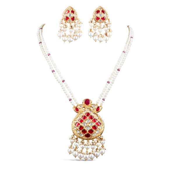 Noor Red Long Pearl Necklace + Earring Polki Set C