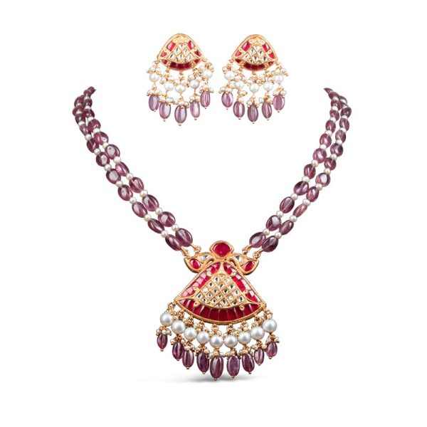 Noor Red Long Necklace + Earring Polki Set E