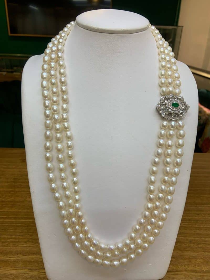 Greta 3 strand Oval Pearl necklace/ Emerald 26 inches