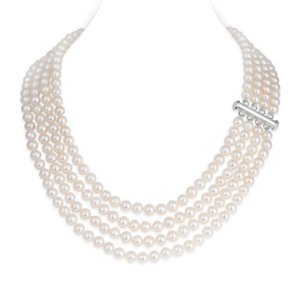 4 Strands Round Pearl Necklace with Silver Clasp