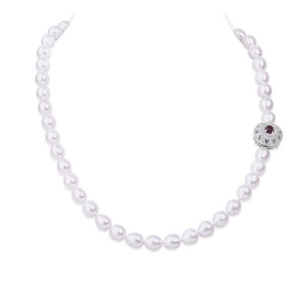 Bella White Oval Pearl Necklace /Ruby Clasp