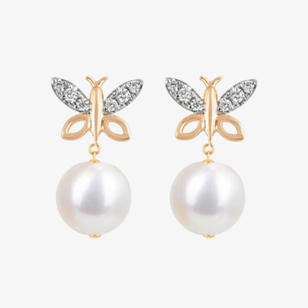 Butterfly Wings Diamond Earrings with Round Pearl Drop / Regular size