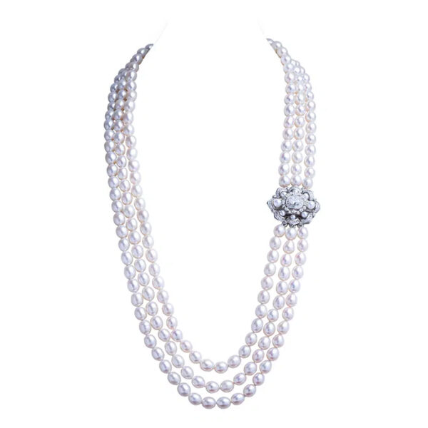 Greta 3 strand Oval Pearl necklace/ Diamond 26 inches