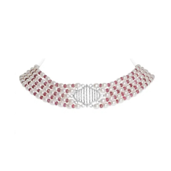 Sheela Diamond Pearl Necklace with Ruby