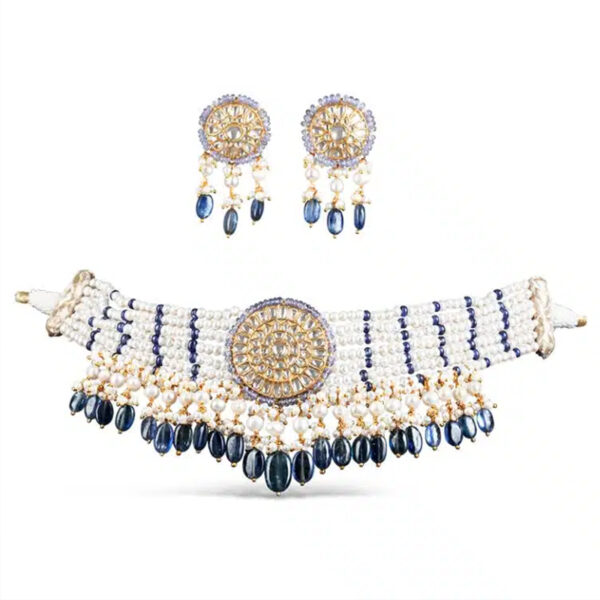 Zeenat Blue Pearl Choker + Earring Polki Set A