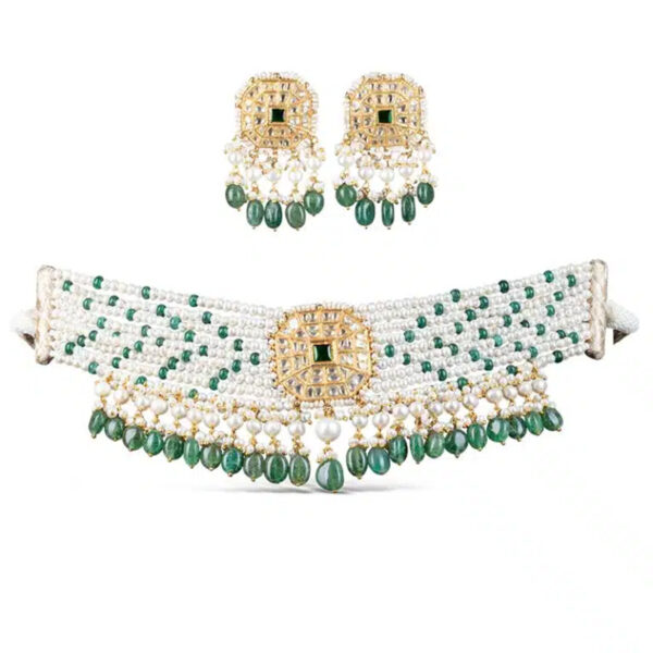 Zeenat Green Pearl Choker + Earring Polki Set B