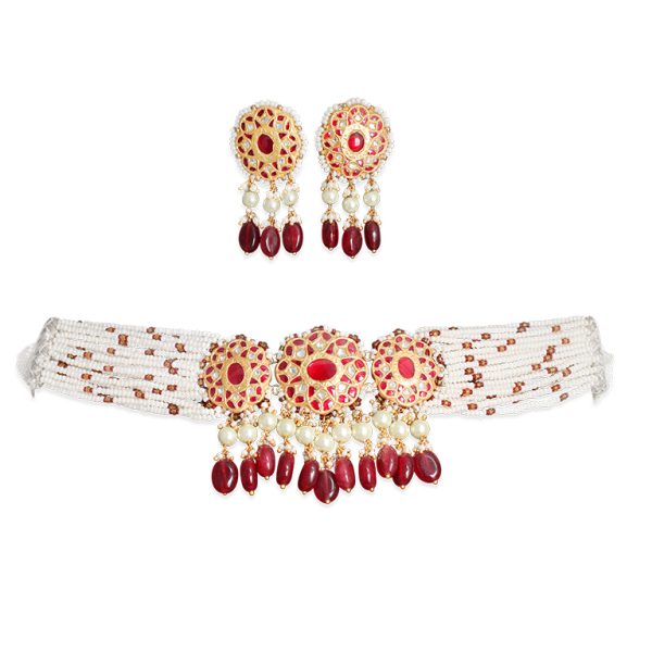 Zeenat Red Choker + Earring Polki Set B