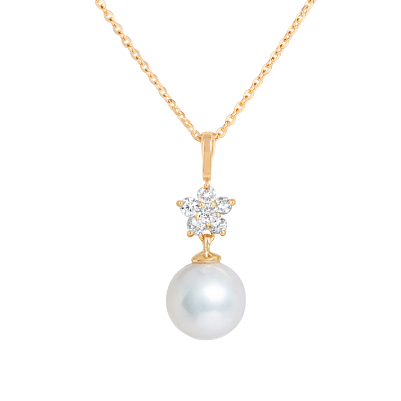 Diamond Flower and Pearl Pendant