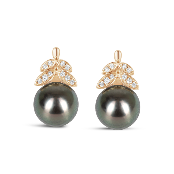 Double Diamond Leaf Tahitian Pearl Earrings