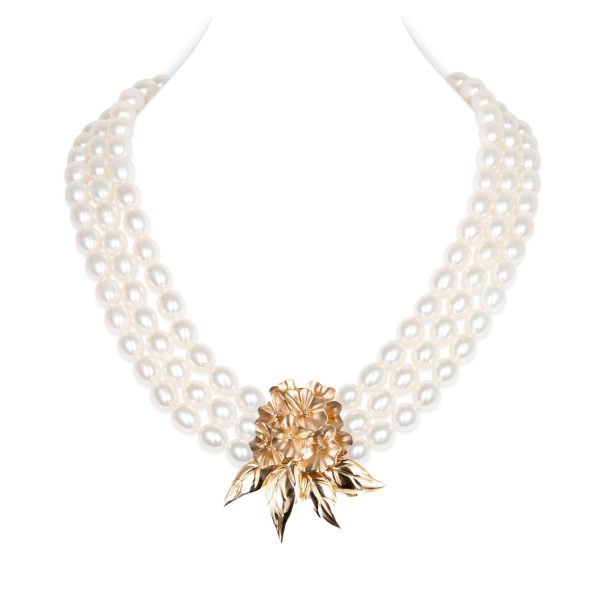 Mountain Beauty Gold Laligurans Necklace / Diamond 3 Strand Oval Pearl