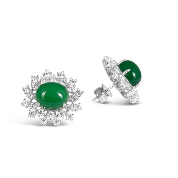 Elegant Jade Stud and CZ Halo Silver Earrings