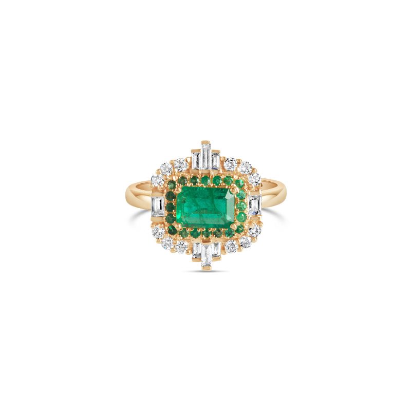 Emerald Diamond Double Row Ring