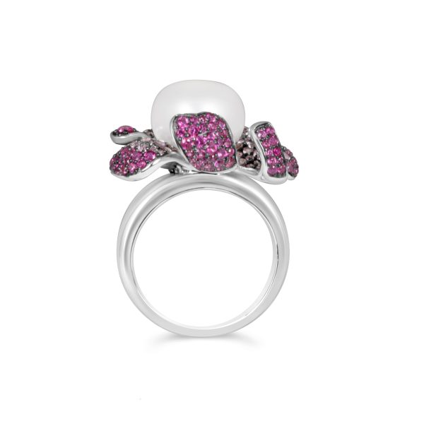 Exquisite Silver Pave Ruby & Sapphire Pearl Ring - KN (Adjustable)
