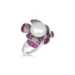 Exquisite Silver Pave Ruby & Sapphire Pearl Ring – KN (Adjustable)