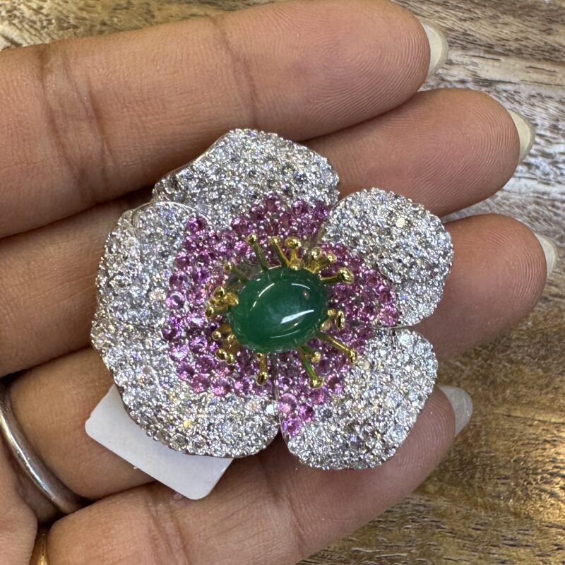 Exquisite Silver Pave Pink & Green Flower Ring  - KN (Adjustable)