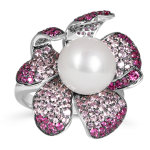 Exquisite Silver Pave Ruby & Sapphire Pearl Ring – KN (Adjustable)