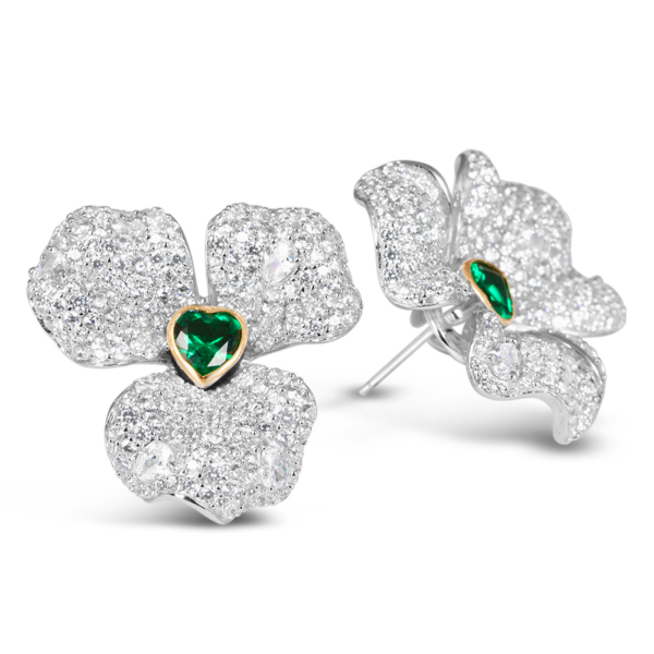 Exquisite Silver Pave Emerald Heart Earrings - KN