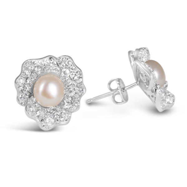 Exquisite Silver Pave Flower & Pearl Earrings - KN