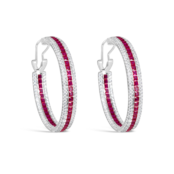 Elegant Ruby & CZ Silver Hoop Earrings