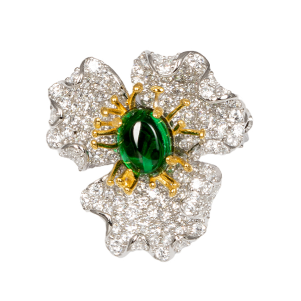 Exquisite Silver Pave White & Green Flower Brooch - KN