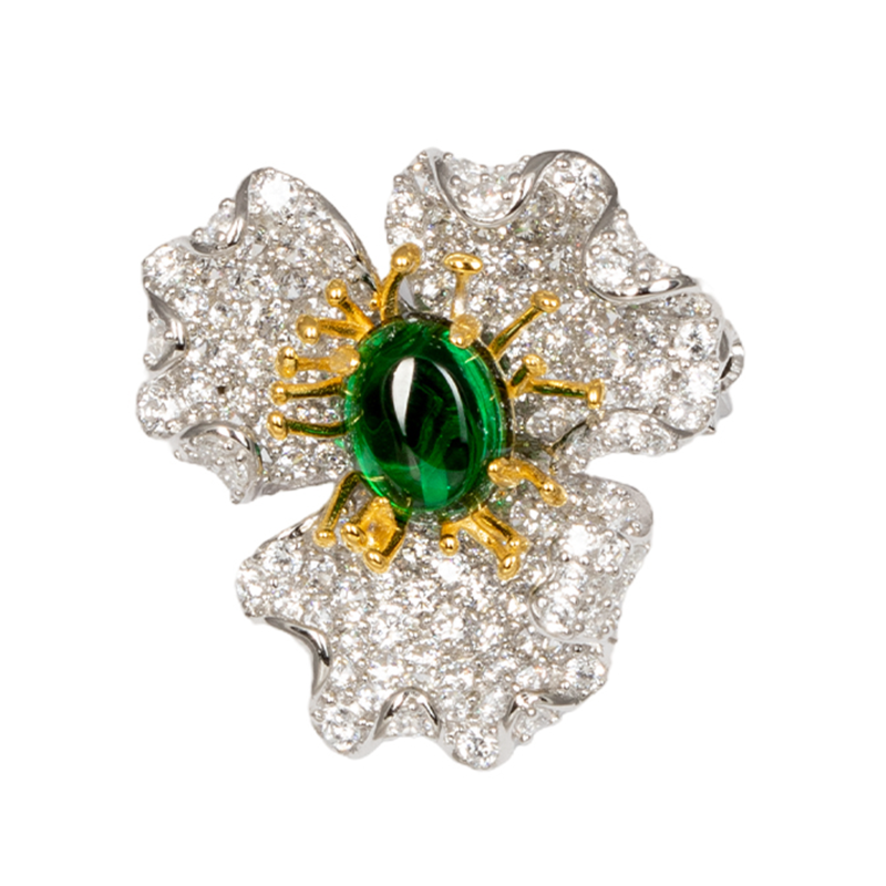 Exquisite Silver Pave White & Green Flower Brooch – KN