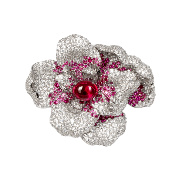 Exquisite Silver Pave White Flower & Ruby Brooch/ Pendant - KN