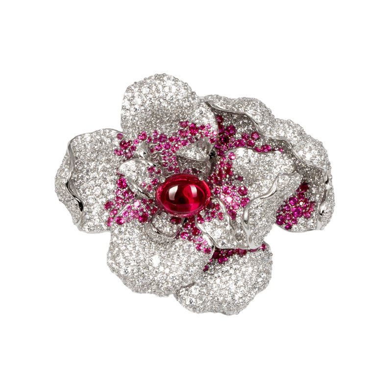 Exquisite Silver Pave White Flower & Ruby Brooch/ Pendant – KN