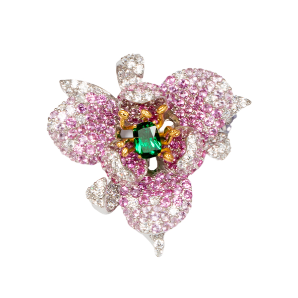 Exquisite Silver Sapphire Emerald Flower Brooch / Pendant - KN