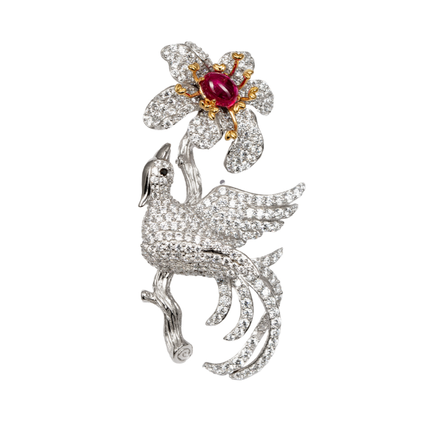 Exquisite Silver Flower & Bird Brooch / Pendant - KN