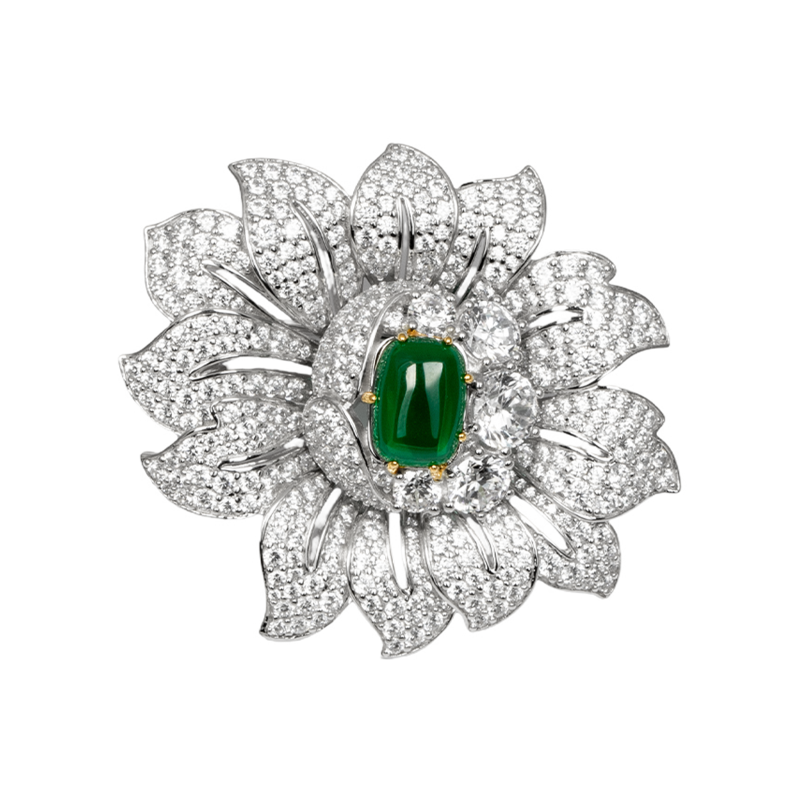 Exquisite Silver Pave Emerald Green Flower Brooch – KN