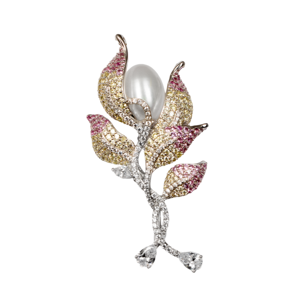 Exquisite Silver Pave Flower & Pearl Brooch - KN