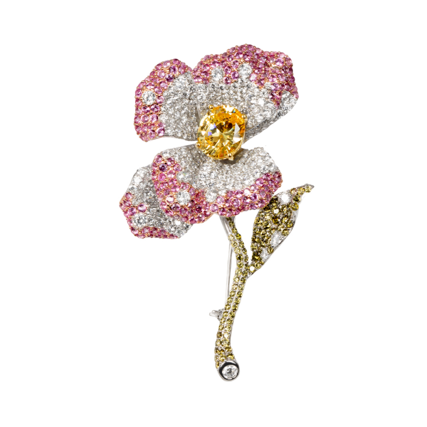Exquisite Silver Pave Pink & Yellow Flower Brooch / Pendant- KN