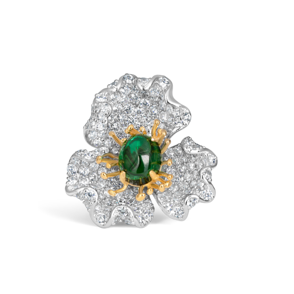 Exquisite Silver Pave Emerald Flower Ring – KN (Adjustable)