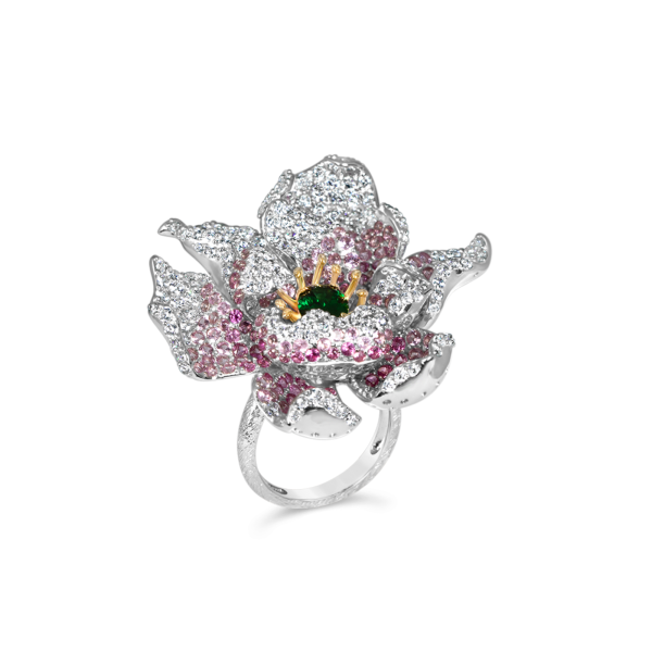 Exquisite Silver Sapphire Emerald Flower Ring - KN (Adjustable)
