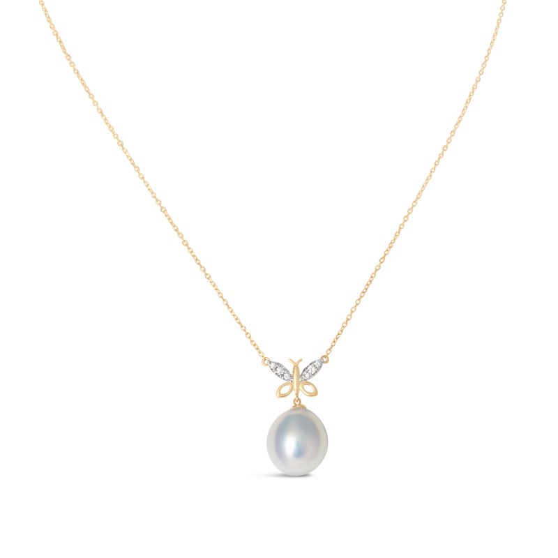 Butterfly Wings Diamond Necklace with Pearl Drop