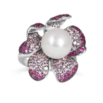 Exquisite Silver Pave Ruby & Sapphire Pearl Ring – KN (Adjustable)