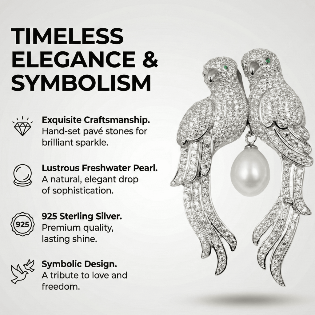 Exquisite Silver Two Birds & Pearl Brooch – KN